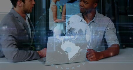 Poster - Animation of globe, numbers and moving lines over diverse entrepreneurs shaking hands after deal