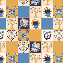 Set Of Patterned Azulejo Floor Tiles. Abstract Geometric Background. Vector Illustration, Seamless Mediterranean Pattern. Portuguese Floor Tiles Azulejo Design. Floor Cement Talavera Tiles Collection