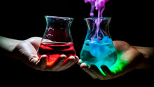 Hands Holding Laboratory Glassware With Colorful Liquid.