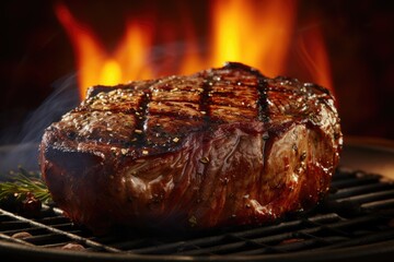  beef ribeye steak grilling on flaming grill