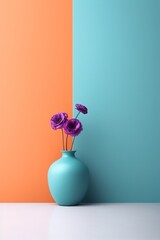 a minimalistic blue vase with a purple flower. in the background is a design in blue and purple. pla