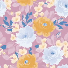 Watercolor Pattern With Colorful Flowers And Leaves On Light Purple Background, Watercolor Rose Floral Pattern.