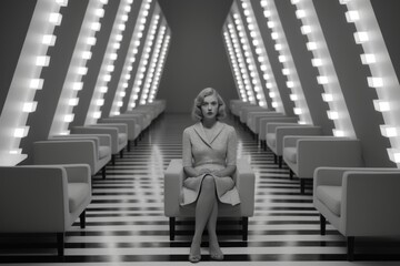 Wall Mural - A black and white photo of a woman sitting on a chair. Generative AI image.