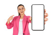 Recommending new application, cheerful pretty brunette business woman recommending new application. Young caucasian lady showing holding big blank cell phone smartphone empty white screen mockup.  