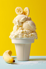 Sticker - Ice cream sundae with bananas and whip cream on yellow background. Generative AI.