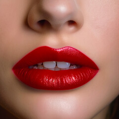 Canvas Print - Close up of woman's lips with red lipstick on her lips. Generative AI.