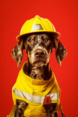 Sticker - Dog wearing yellow fireman's hat and yellow jacket. Generative AI.