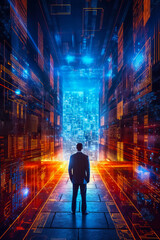 Poster - Man in suit standing in front of large city filled with buildings. Generative AI.