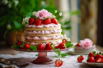 Sticker - Layered cake with strawberries and flowers on top of cake plate. Generative AI.