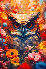 Poster - Image of owl surrounded by colorful flowers and flowers in the foreground. Generative AI.