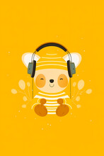 Teddy Bear Wearing Headphones With Bee On It's Chest. Generative AI.