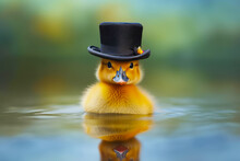 Yellow Duck Wearing Top Hat In The Water With Reflection On The Water. Generative AI.