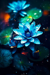 Poster - Close up of blue flower with drops of water on the petals. Generative AI.