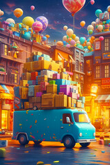 Canvas Print - Blue van filled with lots of boxes on top of city street. Generative AI.