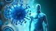 Illustrating the immune system concept, a shielded man figure stands against floating microbes, metaphorically portraying the body's robust defense mechanism in the face of pathogens. Generative AI