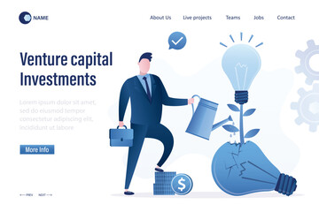 Venture capital investments, landing page template. Fail before success, learn from mistake or motivation to success. Smart entrepreneur watering idea tree growing from broken light bulb.