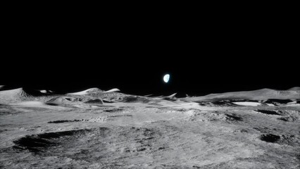 Wall Mural - 4k slow wide forwards dolly shot of moon lunar landscape with earth just above horizon