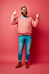 Wall Mural - Man with red beard and blue jeans is giving thumbs up. Generative AI.