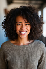 Canvas Print - Close up of person with smile on their face and curly hair. Generative AI.