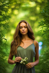 Poster - Beautiful young woman holding bouquet of flowers in her hand and looking at the camera. Generative AI.