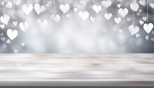 Cute Silver Hearts Bokeh Over Grey Wood Table Top Surface With Copy Space