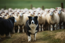 A Well-trained Border Collie Herding Sheep On A Farm, Showcasing The Intelligence And Working Abilities Of Herding Breeds, Generative AI