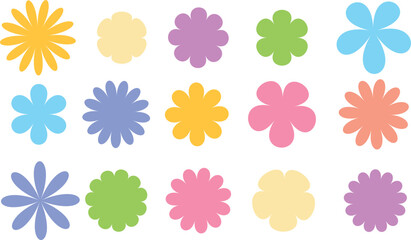 Groovy daisy flowers set. Flat color icons. Simple flower silhouette. Retro vintage style, hand drawn decorative elements. A set of vector vintage flowers. 70s style. Hippie style design, power flower