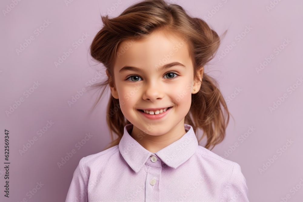 Portrait of a cute little girl in a shirt on a purple background. Stock ...