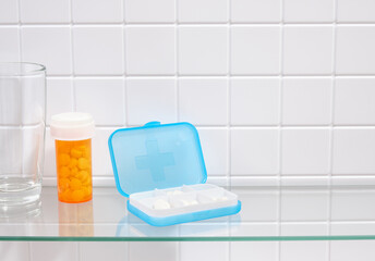 container of pills, health care. copy space for text. medicine concept.