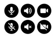 © Kingwardobe - video call icon set. Sound, microphone, video camera, phone, sound off, microphone off, camera off full set vector icons in black circle.