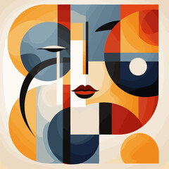 Wall Mural - Poster with woman's face surrounded by geometric shapes and colors.