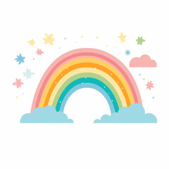 Sticker - Rainbow with stars and clouds on white background with white background.