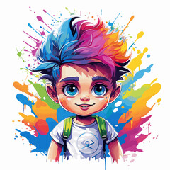 Young boy with colorful hair and backpack on his back, wearing t - shirt.