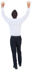 Aufkleber - digital png photo of back view of caucasian businessman with hands up on transparent background