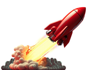 Launch of a red rocket isolated on clear PNG background, made of precious metal. Successful start concept.