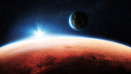 Poster - Mars, the red planet with detailed surface features and craters with amazing sunset in deep space. Blue Earth planet with lights in outer space. Mars and earth, concept