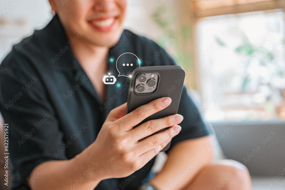 Digital AI chatbot, Happy man using mobile smartphone with AI chatbot ...