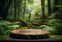 Empty Wooden Tree Trunk Pedestal, Rainforest And Jungle Nature Background, Product Display Template