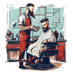 Hairdresser cutting hair of male client. Hairstylist working at barber shop. retro style, generative ai