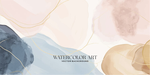 Wall Mural - watercolor art background vector. wallpaper design with paint brush and gold line art. earth tone bl