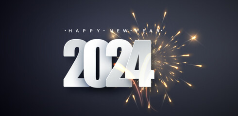 Wall Mural - 2024 white numbers and firework on dark background. Merry Christmas and Happy New Year 2024 greeting card.