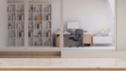 An empty mockup space on a tabletop with a blurred modern office room as a background.