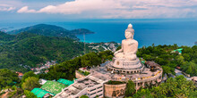 Phuket White Big Buddha Statue On Blue Sky Background. Aerial View Of Big Buddha Viewpoint At Sunrise In Phuket Province, Thailand.