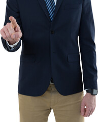 Poster - Digital png photo of mid section of caucasian businessman pointing finger on transparent background