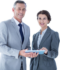 Poster - Digital png photo of smiling caucasian business people using tablet on transparent background