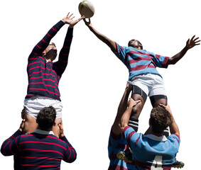 Poster - digital png photo of diverse male rugby players catching rugby ball on transparent background