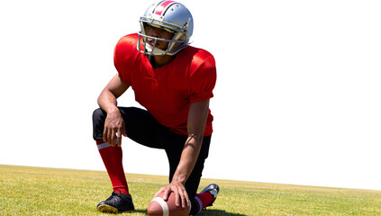 Poster - Digital png photo of biracial male american football player at stadium on transparent background