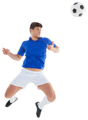 Sticker - Digital png photo of caucasian footballer jumping to ball on transparent background