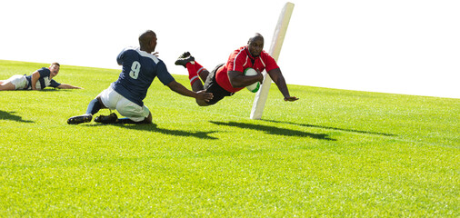 Wall Mural - Digital png photo of diverse rugby players during match on transparent background