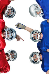 Digital png photo of two group of caucasian male american football players on transparent background